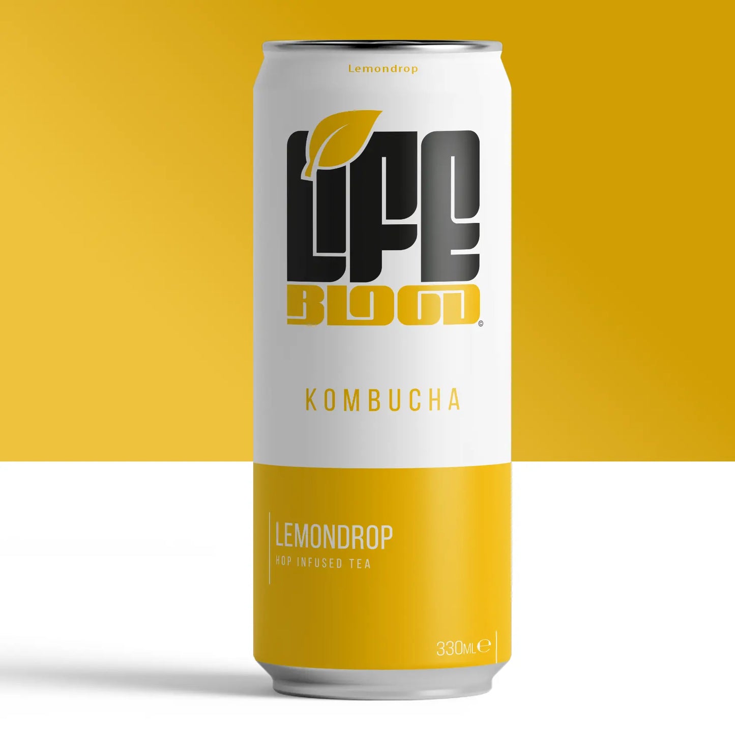 fornt on product photograph of a can of Life Blood Lemondrop Kombucha with a bold logo and great brand design