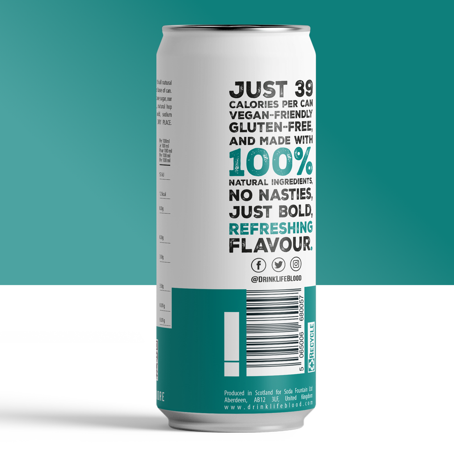 rear of a can of Life Blood The Original Kombucha with a green and white background