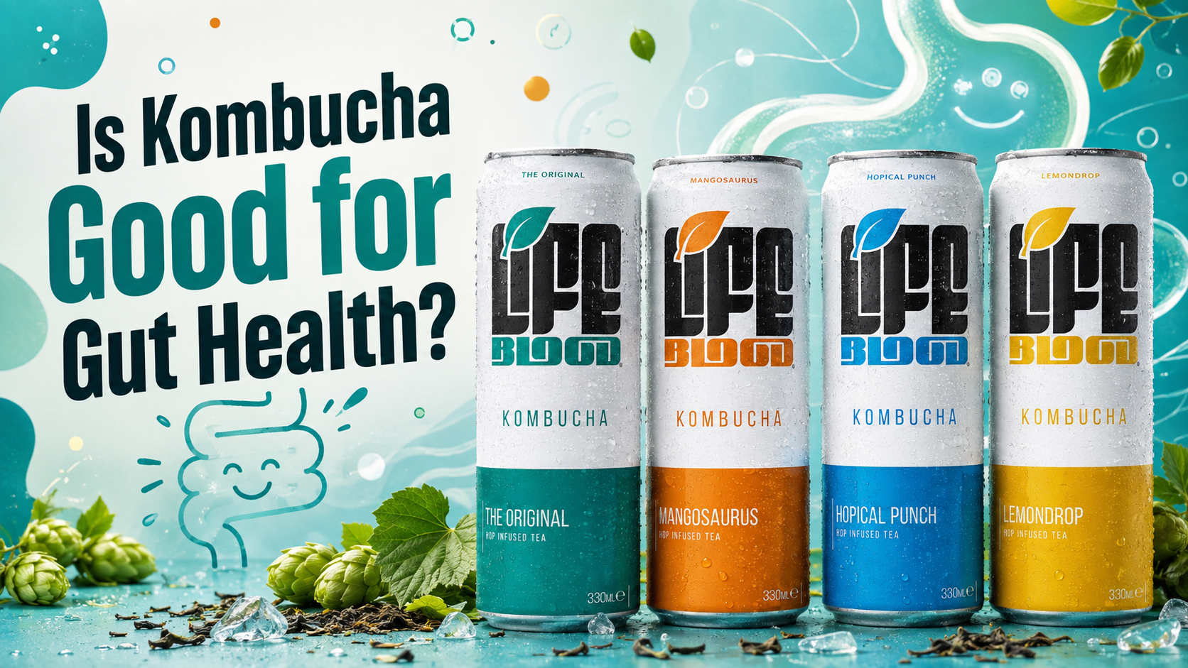 Life Blood kombucha can with the question, is kombucha good for gut health