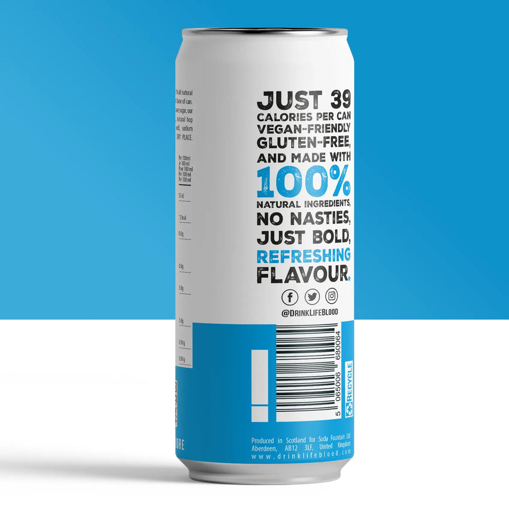 Back of a Life Blood Hopical Punch kombucha 330ml can showing the ingredients