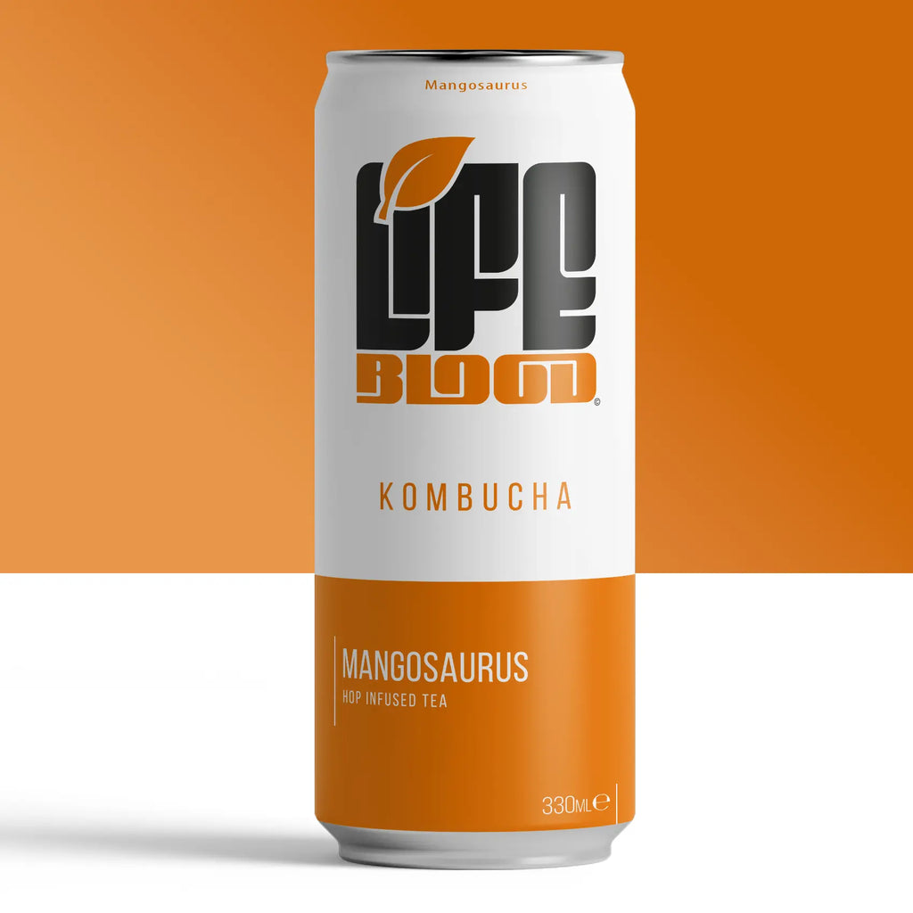 Life Blood Mangosaurus kombucha 330ml can, front of pack