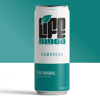 fornt on product photograph of a can of Life Blood The Original Kombucha with a bold logo and great brand design