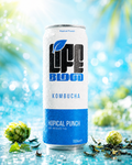 Life Blood Hopical Punch kombucha 330ml can on a bright tropical blue background