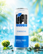 Life Blood Hopical Punch kombucha 330ml can on a bright tropical blue background