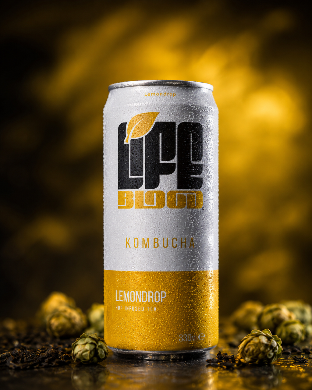 Life Blood kombucha range of four cans, chilled and covered in condensation