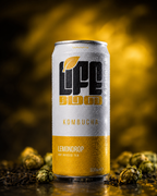 Life Blood kombucha range of four cans, chilled and covered in condensation