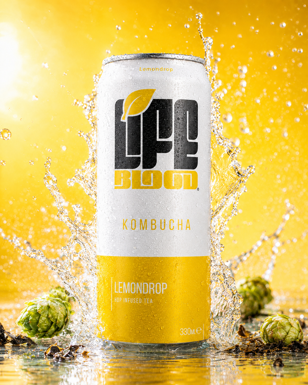 Life Blood Lemondrop kombucha 330ml can with a fresh water splash and hops