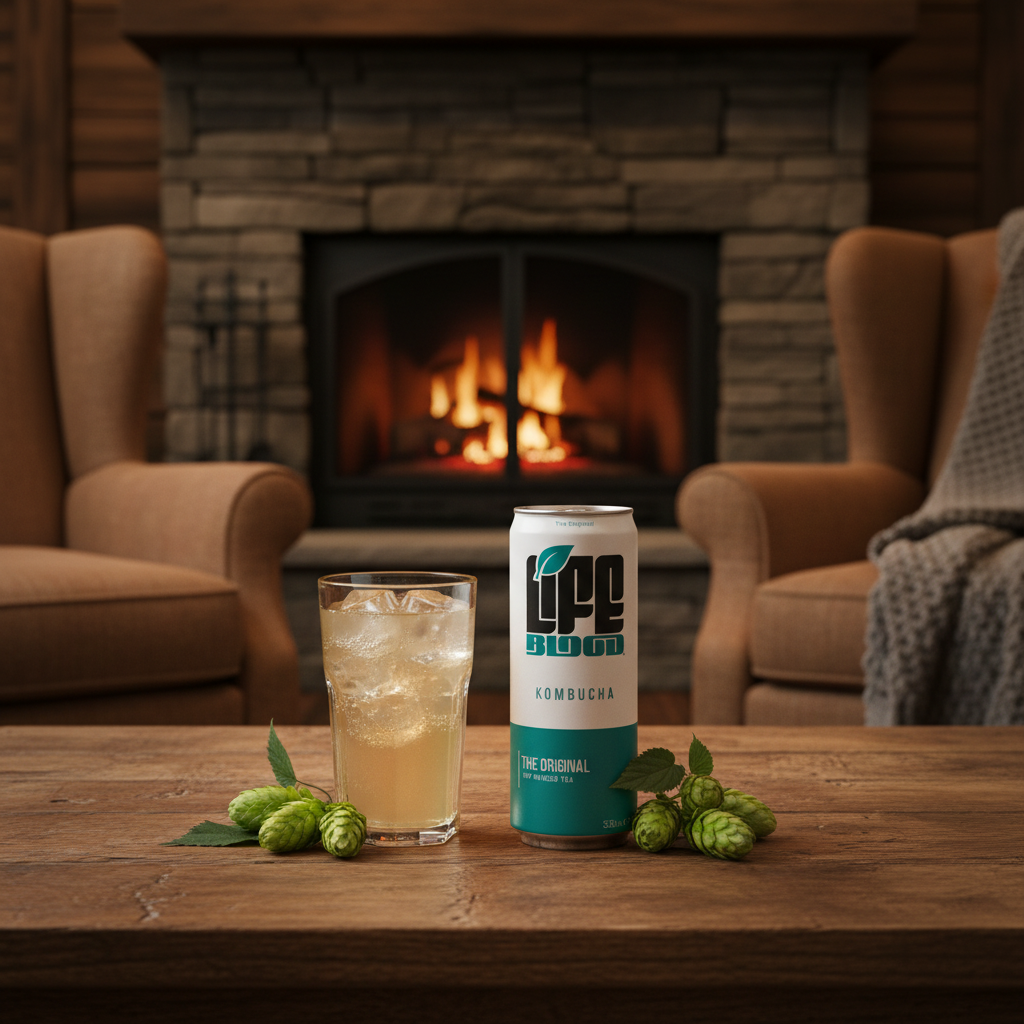 Life Blood The Original Kombucha with glass in ski lodge